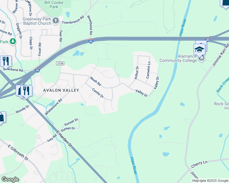 map of restaurants, bars, coffee shops, grocery stores, and more near 304 Stonehedge Drive in Graham