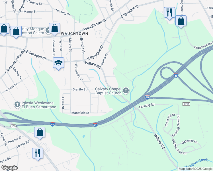 map of restaurants, bars, coffee shops, grocery stores, and more near 2420 Willard Road in Winston-Salem