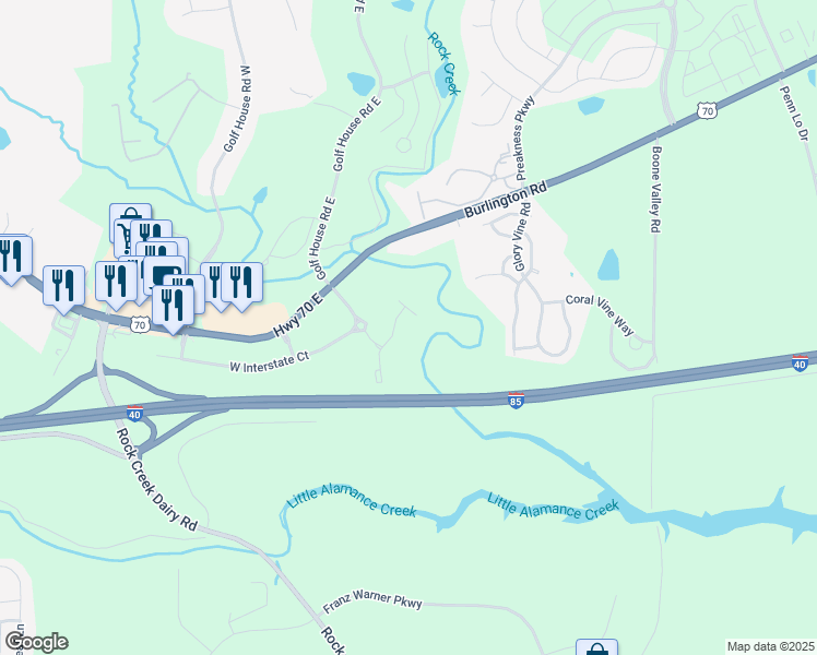 map of restaurants, bars, coffee shops, grocery stores, and more near 6410 Burlington Road in Whitsett