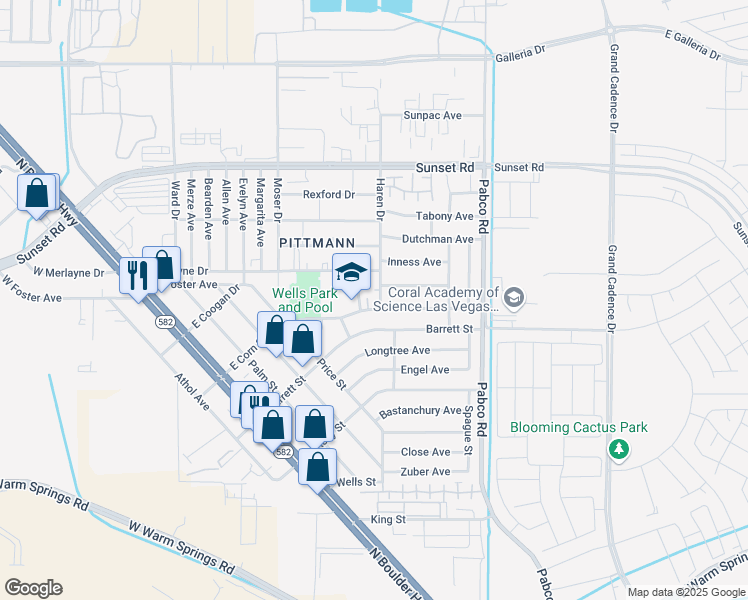 map of restaurants, bars, coffee shops, grocery stores, and more near 1604 Justin Place in Henderson