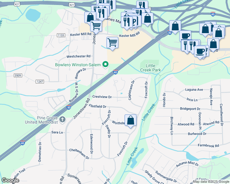 map of restaurants, bars, coffee shops, grocery stores, and more near 970 Hazelwood Drive in Winston-Salem