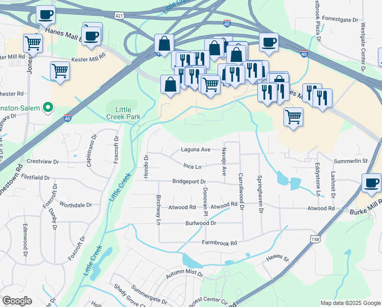 map of restaurants, bars, coffee shops, grocery stores, and more near 2800 Laguna Avenue in Winston-Salem