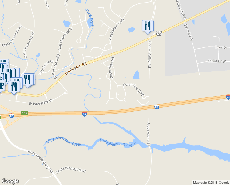 map of restaurants, bars, coffee shops, grocery stores, and more near 1144 Glory Vine Road in Whitsett