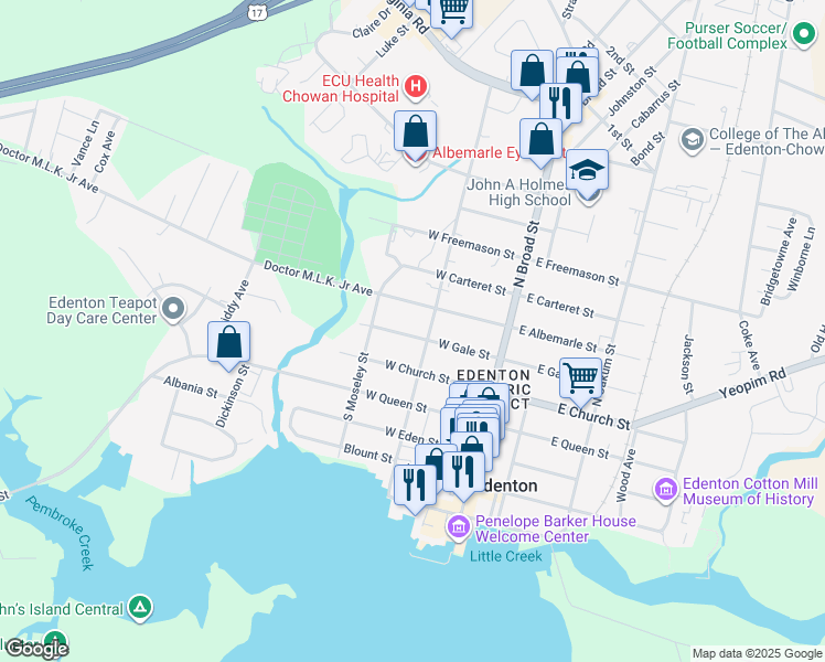 map of restaurants, bars, coffee shops, grocery stores, and more near 203 North Granville Street in Edenton