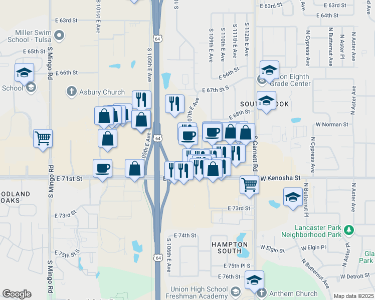 map of restaurants, bars, coffee shops, grocery stores, and more near 10711 East 71st Street in Tulsa