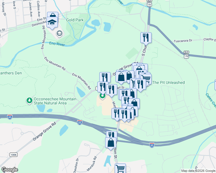 map of restaurants, bars, coffee shops, grocery stores, and more near 124 John Earl Street in Hillsborough
