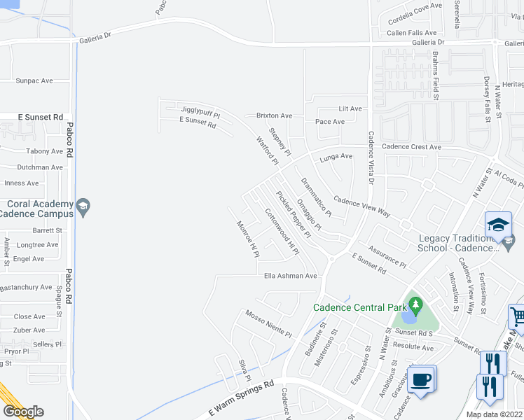 map of restaurants, bars, coffee shops, grocery stores, and more near East Warm Springs Road in Henderson