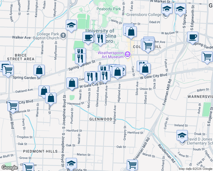map of restaurants, bars, coffee shops, grocery stores, and more near 1029 West Lee Street in Greensboro