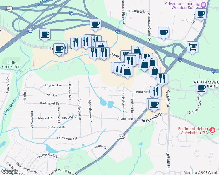 map of restaurants, bars, coffee shops, grocery stores, and more near 2425 Summerlin Ridge Drive in Winston-Salem