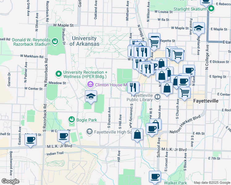 map of restaurants, bars, coffee shops, grocery stores, and more near 3 South Hill Avenue in Fayetteville