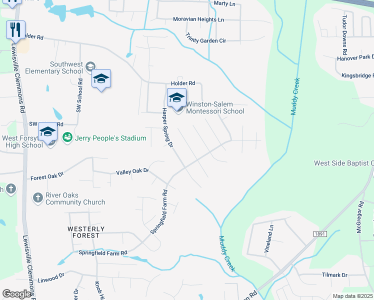 map of restaurants, bars, coffee shops, grocery stores, and more near 1760 Springfield Farm Court in Clemmons