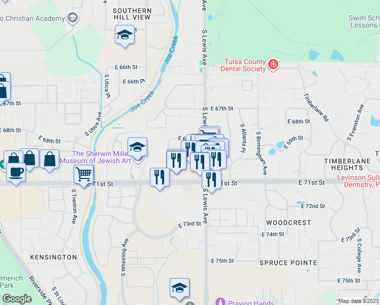 map of restaurants, bars, coffee shops, grocery stores, and more near 6908 South Lewis Avenue in Tulsa
