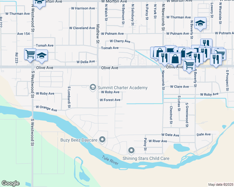 map of restaurants, bars, coffee shops, grocery stores, and more near 1893 West Roby Avenue in Porterville