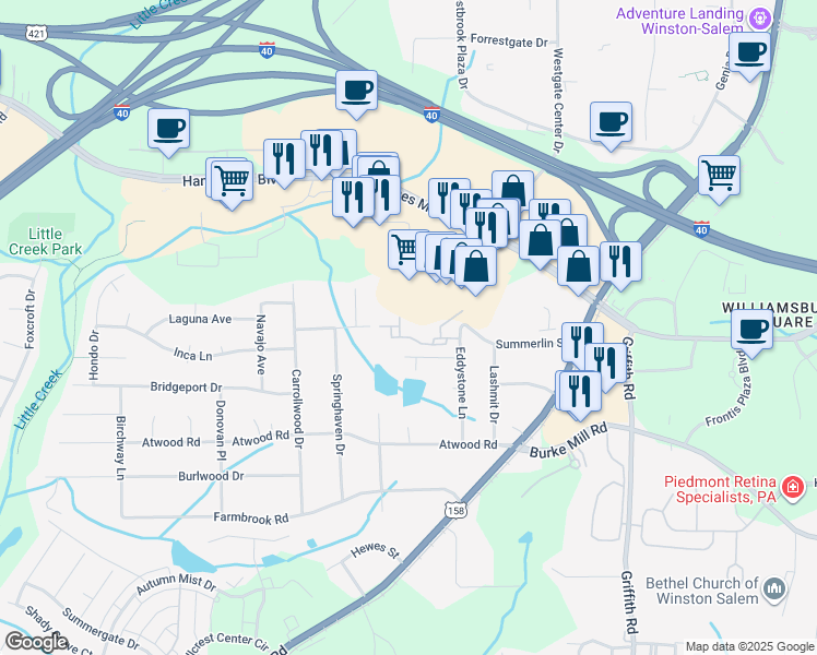 map of restaurants, bars, coffee shops, grocery stores, and more near 2425 Summerlin Ridge Drive in Winston-Salem