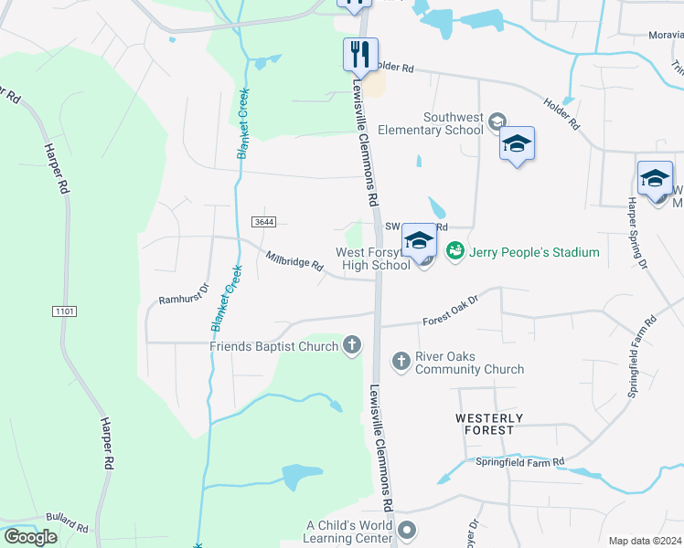 map of restaurants, bars, coffee shops, grocery stores, and more near 6900 Millbridge Road in Clemmons