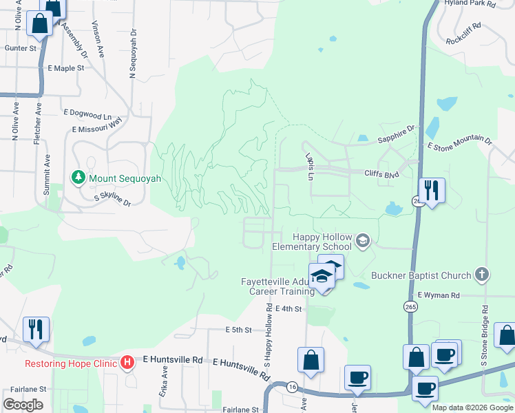 map of restaurants, bars, coffee shops, grocery stores, and more near 1500-2098 East Paddock Road in Fayetteville