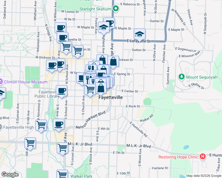 map of restaurants, bars, coffee shops, grocery stores, and more near 25 East Center Street in Fayetteville