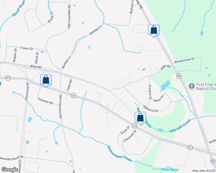 map of restaurants, bars, coffee shops, grocery stores, and more near 843 Blue Road in Dickson