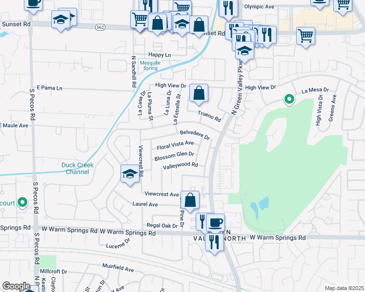 map of restaurants, bars, coffee shops, grocery stores, and more near 3123 Floral Vista Avenue in Henderson