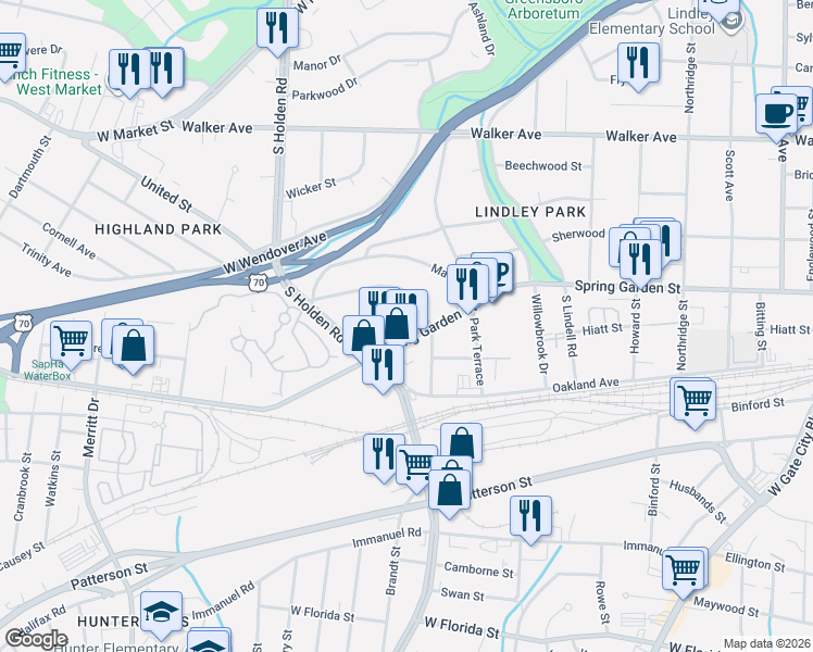 map of restaurants, bars, coffee shops, grocery stores, and more near 3009 Peebles Drive in Greensboro