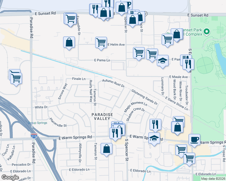 map of restaurants, bars, coffee shops, grocery stores, and more near 1701 Garden Path Court in Las Vegas