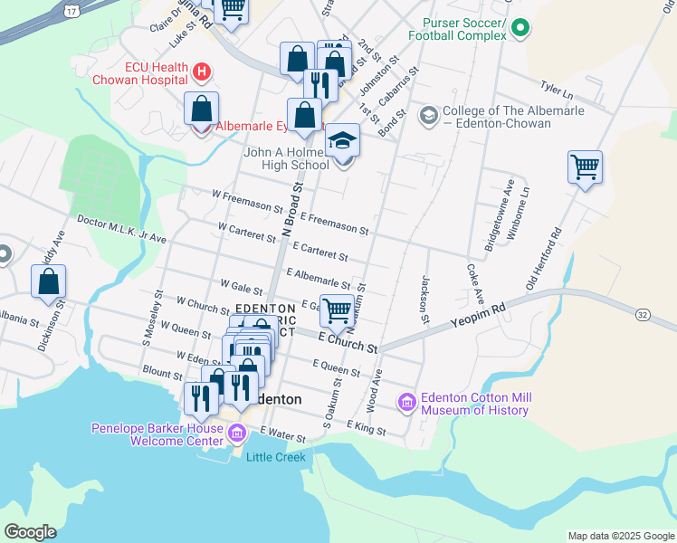 map of restaurants, bars, coffee shops, grocery stores, and more near 136 East Carteret Street in Edenton