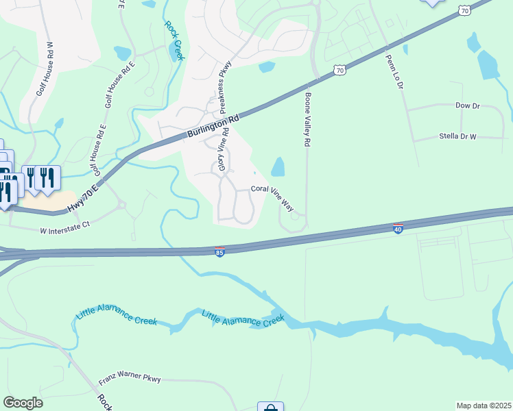 map of restaurants, bars, coffee shops, grocery stores, and more near 1262 Glory Vine Road in Whitsett