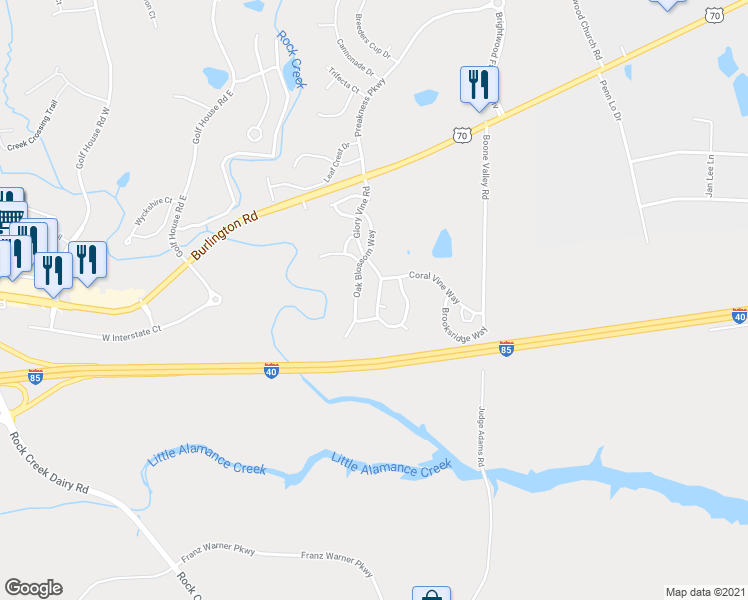 map of restaurants, bars, coffee shops, grocery stores, and more near 1142 Glory Vine Road in Whitsett