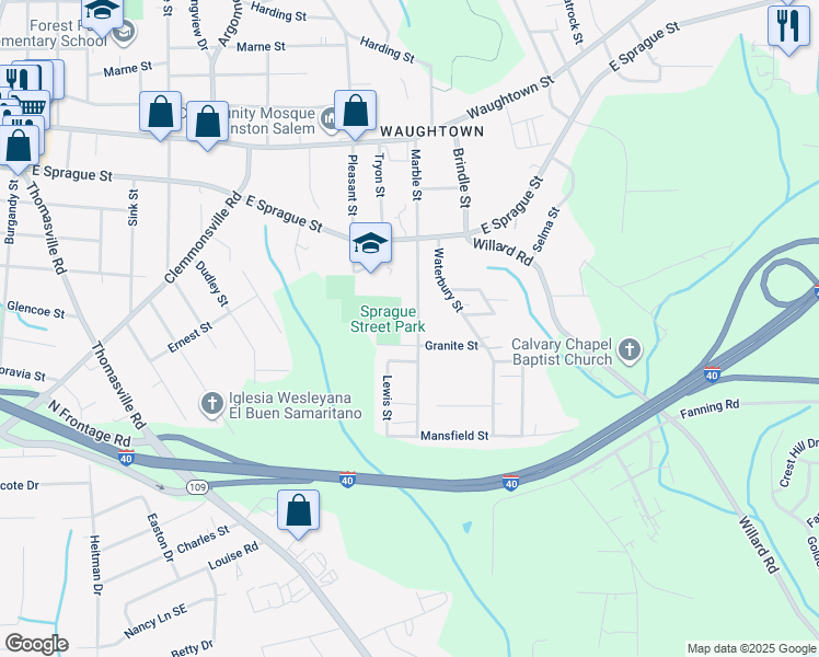 map of restaurants, bars, coffee shops, grocery stores, and more near 2436 Marble Street in Winston-Salem