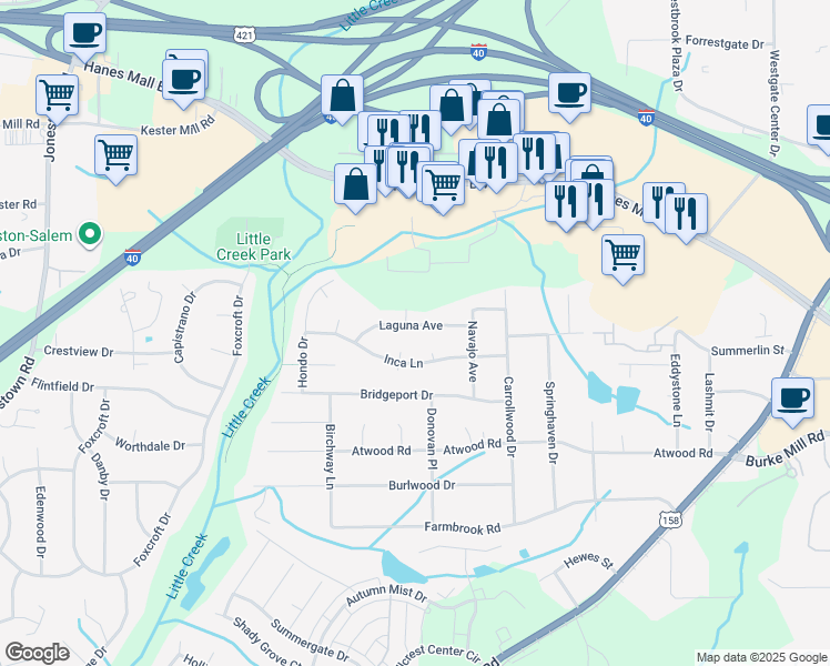 map of restaurants, bars, coffee shops, grocery stores, and more near 2800 Laguna Avenue in Winston-Salem