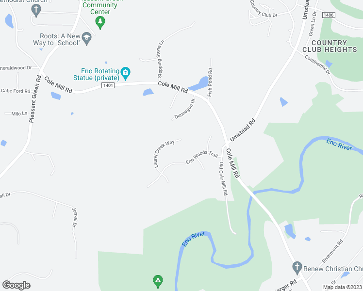 map of restaurants, bars, coffee shops, grocery stores, and more near 3602 Laurel Creek Way in Durham