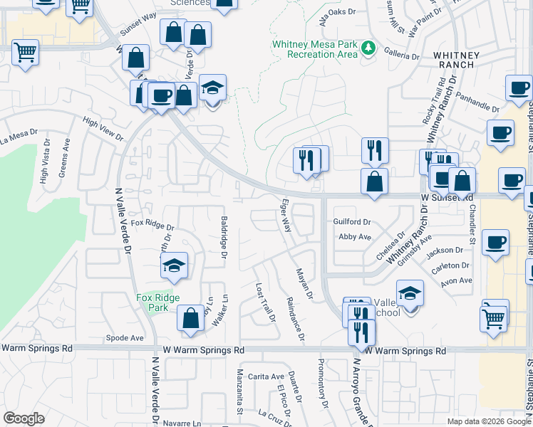 map of restaurants, bars, coffee shops, grocery stores, and more near 1716 Comstock Drive in Henderson