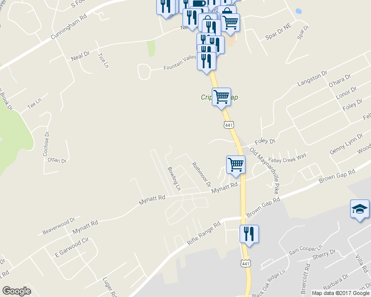 map of restaurants, bars, coffee shops, grocery stores, and more near 3537 Rothmoor Drive in Knoxville