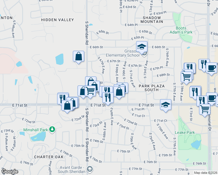 map of restaurants, bars, coffee shops, grocery stores, and more near 6929 South 67th East Avenue in Tulsa