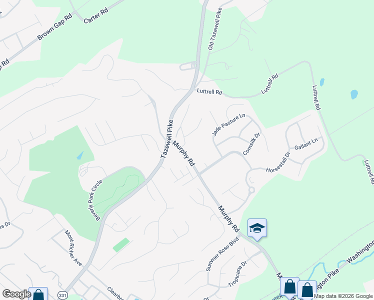 map of restaurants, bars, coffee shops, grocery stores, and more near 5202 Murphy Road in Knoxville