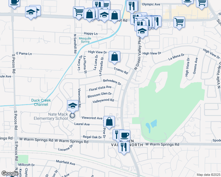 map of restaurants, bars, coffee shops, grocery stores, and more near 3115 Floral Vista Avenue in Henderson