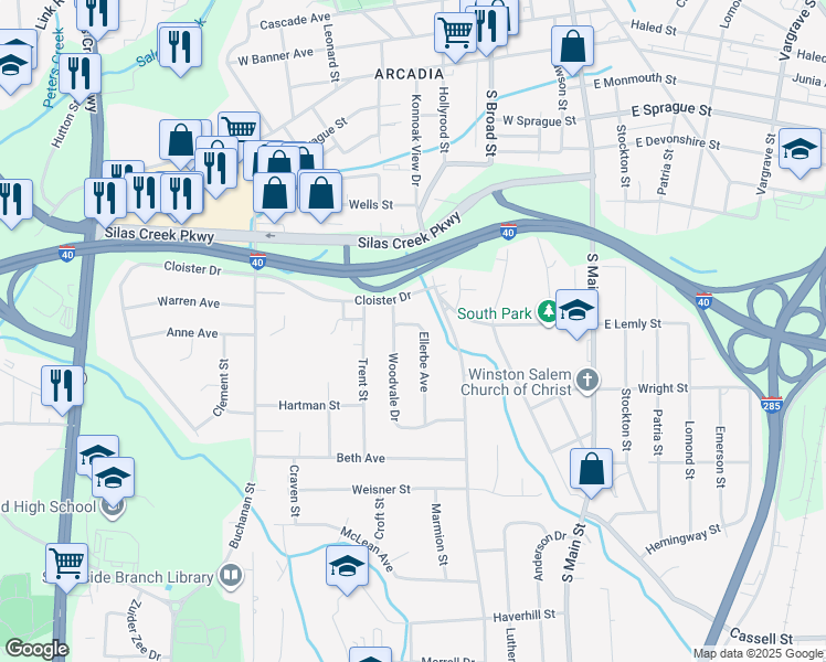 map of restaurants, bars, coffee shops, grocery stores, and more near 2620 Ellerbe Avenue in Winston-Salem