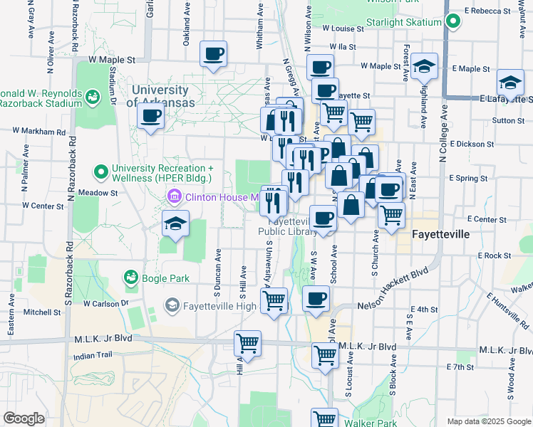 map of restaurants, bars, coffee shops, grocery stores, and more near 13 South University Avenue in Fayetteville