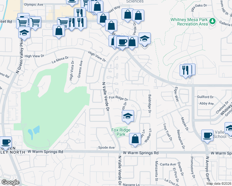 map of restaurants, bars, coffee shops, grocery stores, and more near 542 Cervantes Drive in Henderson