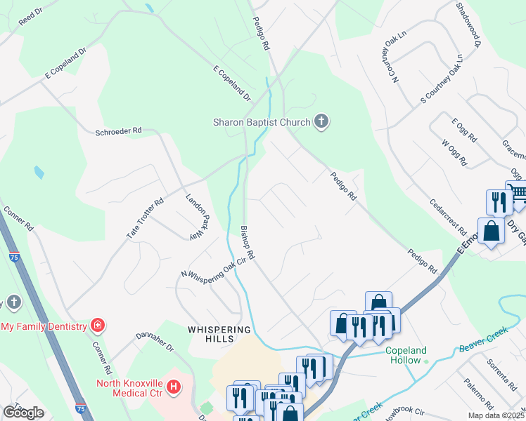 map of restaurants, bars, coffee shops, grocery stores, and more near 7841 Mendonhall Estates Boulevard in Knoxville