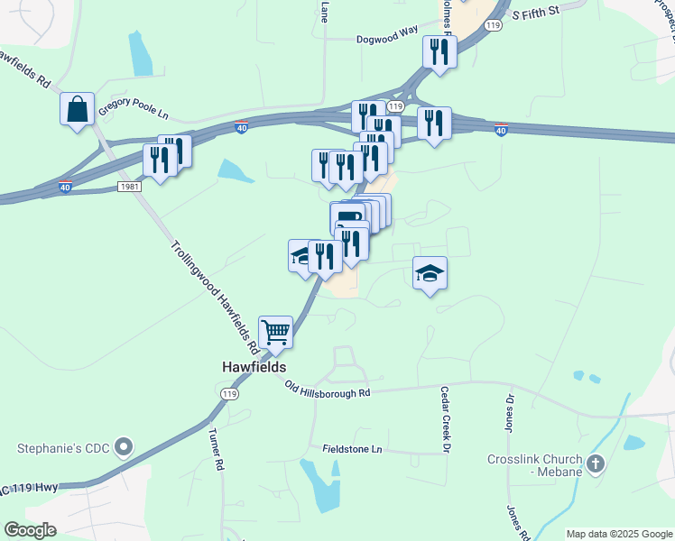map of restaurants, bars, coffee shops, grocery stores, and more near 1903 North Carolina 119 in Mebane