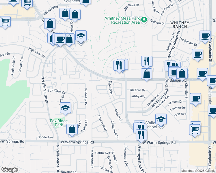 map of restaurants, bars, coffee shops, grocery stores, and more near 1716 Comstock Drive in Henderson