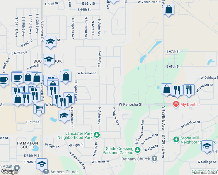 map of restaurants, bars, coffee shops, grocery stores, and more near 1117 North Yellowood Avenue in Broken Arrow