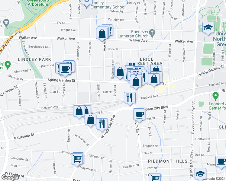 map of restaurants, bars, coffee shops, grocery stores, and more near 2100 Hiatt Street in Greensboro