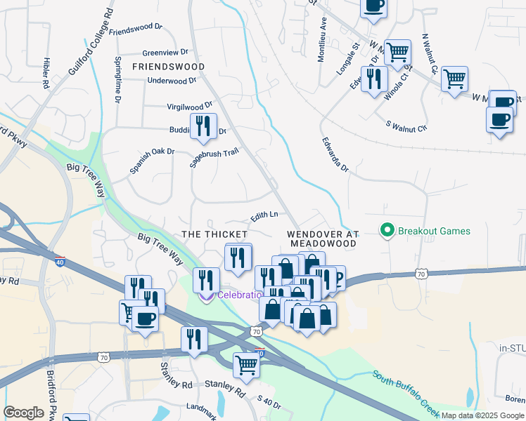 map of restaurants, bars, coffee shops, grocery stores, and more near 4206 Edith Lane in Greensboro