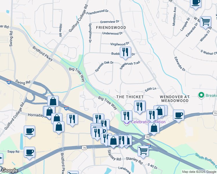 map of restaurants, bars, coffee shops, grocery stores, and more near 5826 Stoney Glen Loop in Greensboro