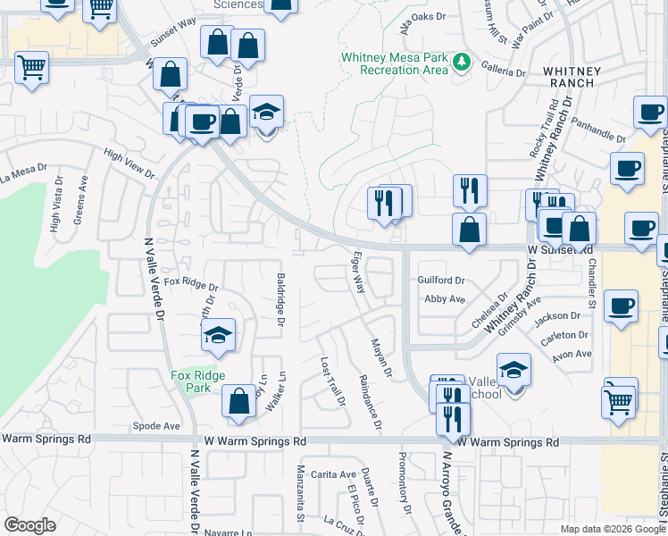 map of restaurants, bars, coffee shops, grocery stores, and more near 1716 Comstock Drive in Henderson