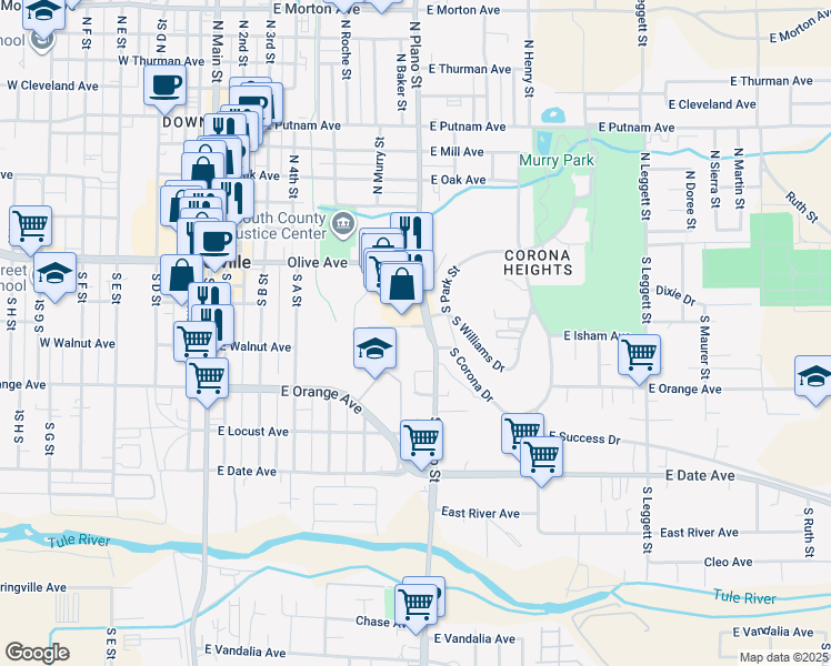 map of restaurants, bars, coffee shops, grocery stores, and more near 361 Eastridge Circle in Porterville