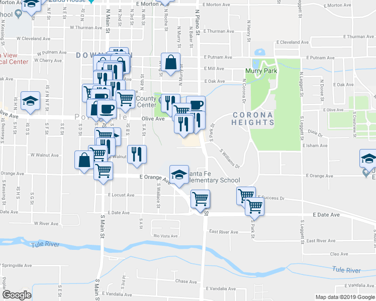 map of restaurants, bars, coffee shops, grocery stores, and more near 303 Eastridge Circle in Porterville