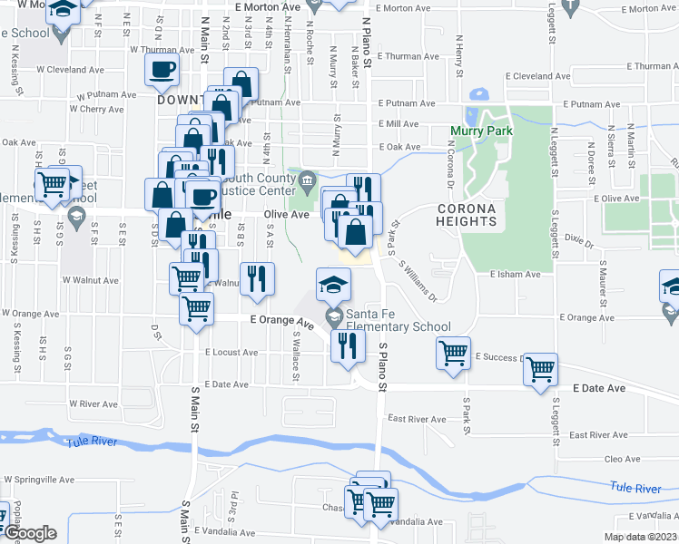 map of restaurants, bars, coffee shops, grocery stores, and more near 303 Eastridge Circle in Porterville